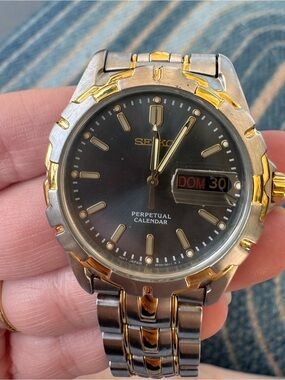 Seiko Men’s Watch Two-Tone Black Dial Perpetual Calendar Wristwatch Stainless